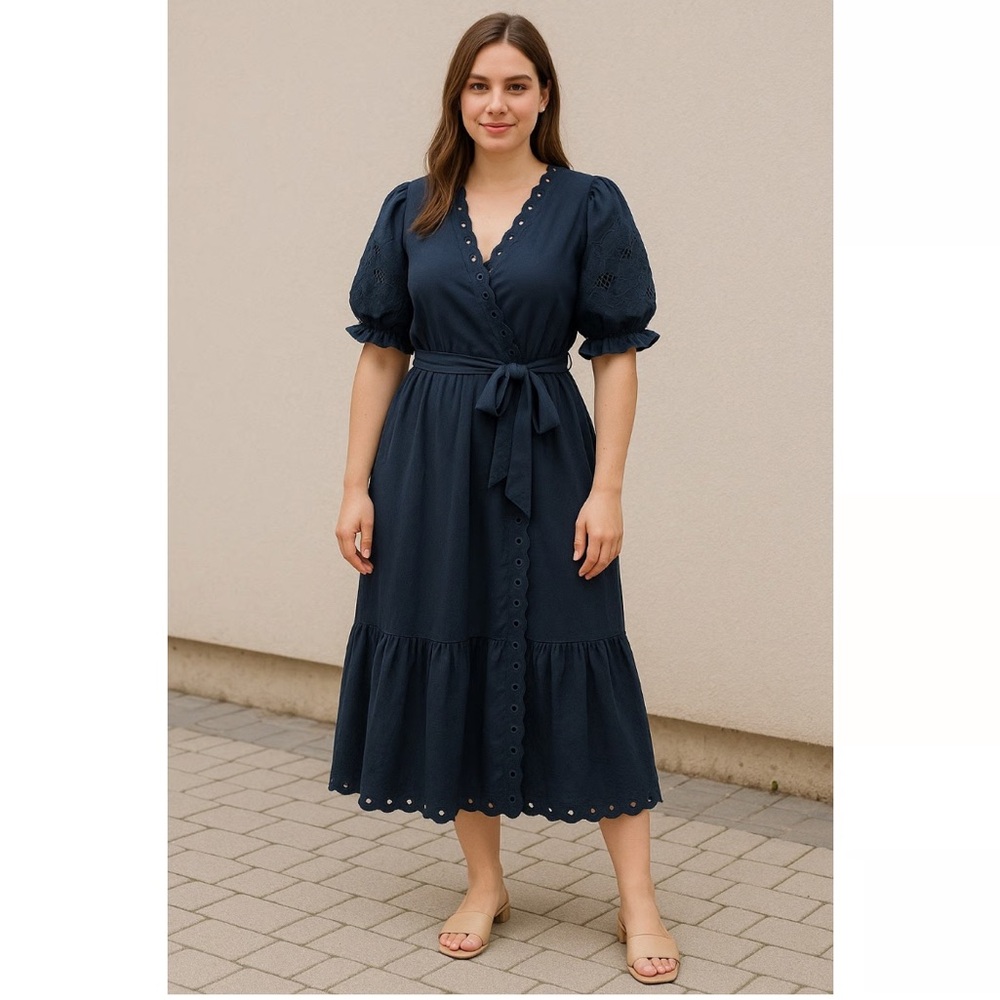 Moon River Blue Linen Dress Eyelet Embroidered Sleeve Midi Dress